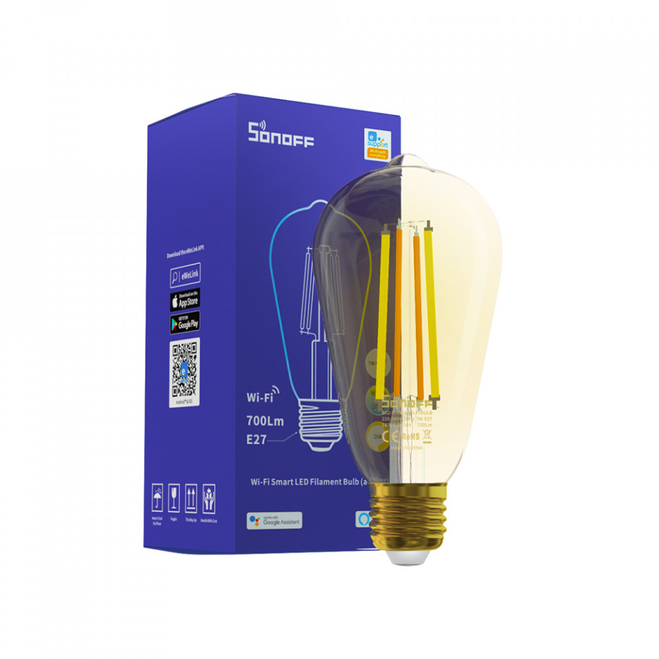 Sonoff Bec Smart LED B02-F-ST64, Control vocal, 7W, E27, 700lm, WiFi