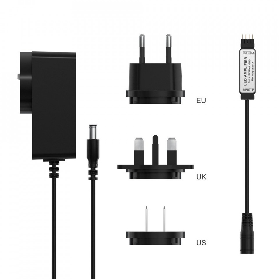 Sonoff Kit amplificator de semnal si adaptor de alimentare Sonoff pentru banda LED RGB, Negru