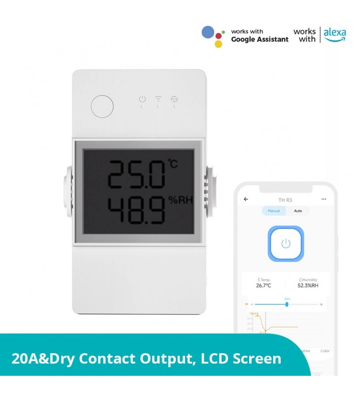 Sonoff releu inteligent WiFi Sonoff TH Elite R3 20A cu ecran LCD (THR320D)